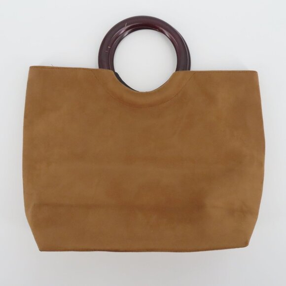 Embroidered Flower Flower Butterfly Tan Faux Suede Wood Handle Tote Bag Handbag - Picture 6 of 9